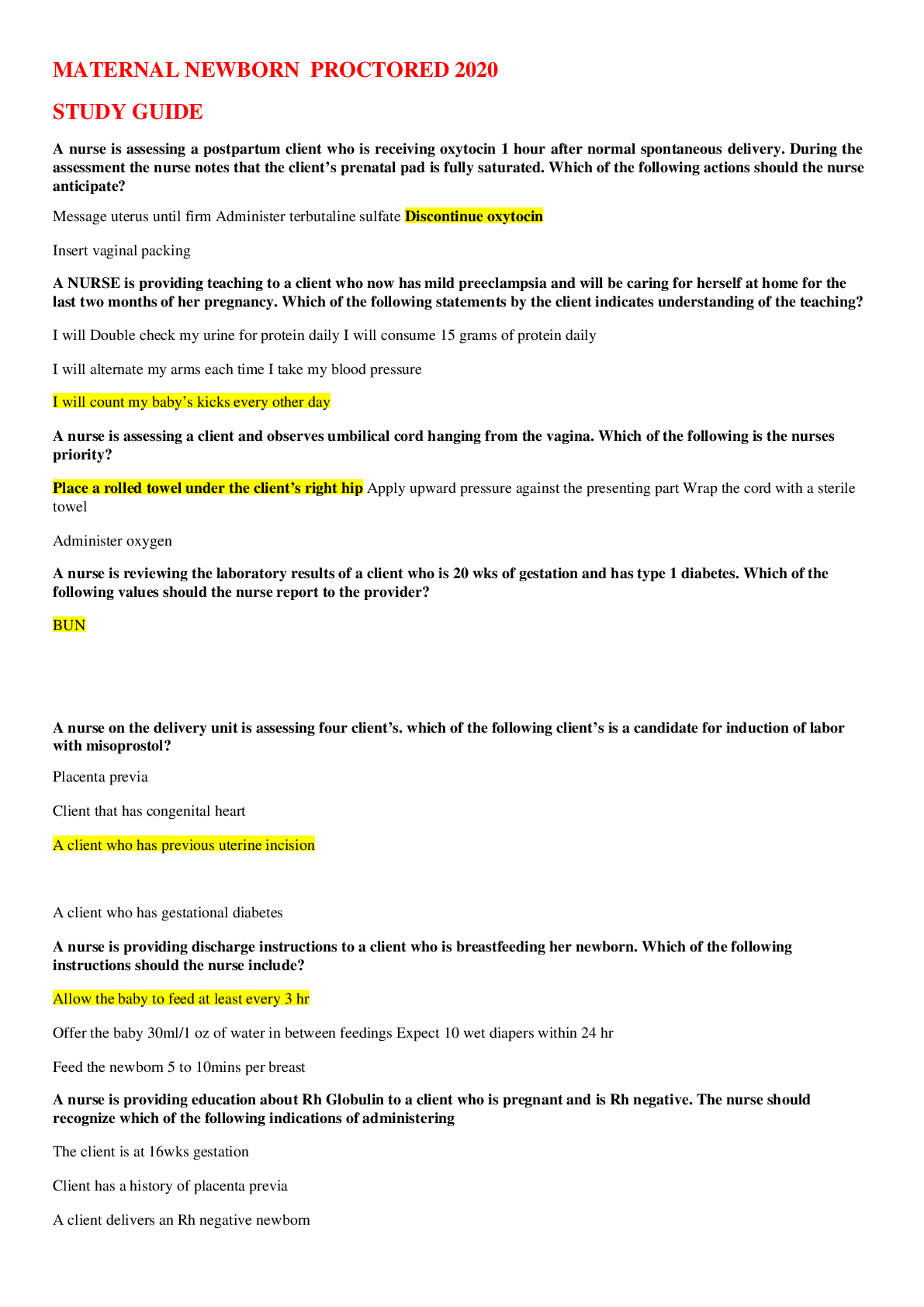 ATI MATERNAL NEWBORN PROCTORED 2020 STUDY GUIDE Browsegrades